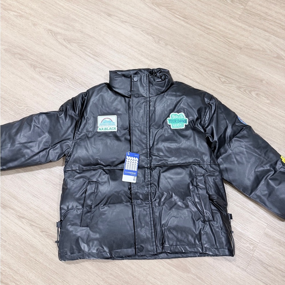 Black badged leather puffer jacket